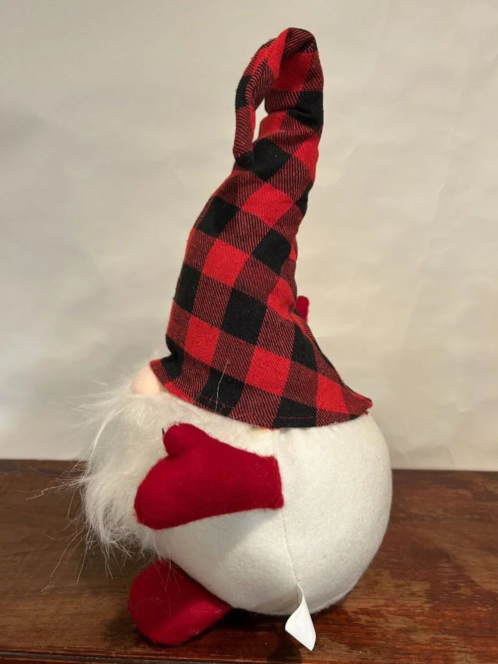 Christmas Holiday Gnome with black and red buffalo plaid cap and wispy white bea